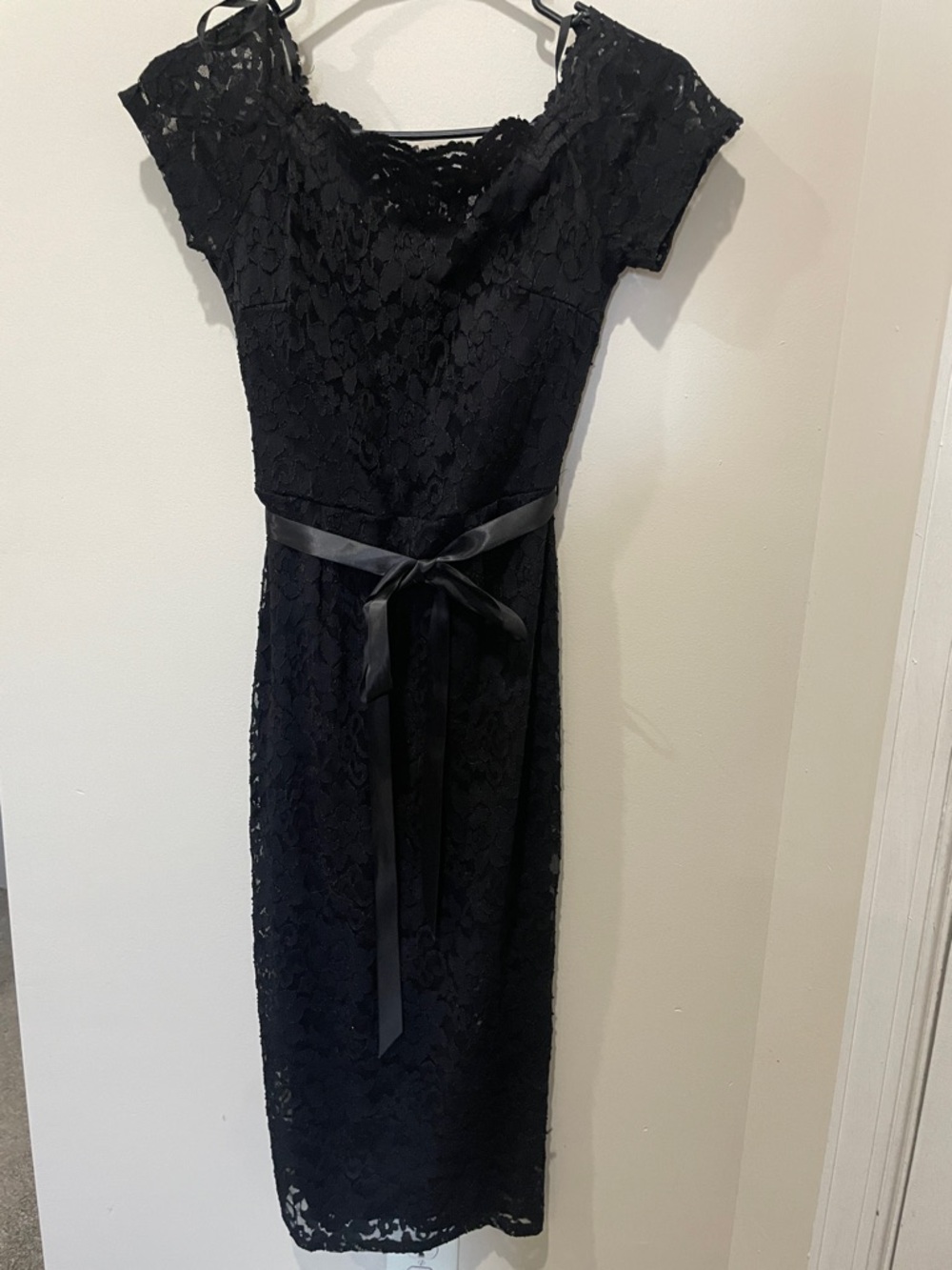 Windsor Black Lace Midi Dress with Satin Waist Tie